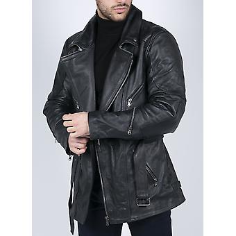 Men's Cross Zip Belted 3/4 Motorcycle Biker Long Leather Jacket