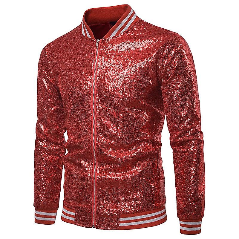 Mens Sequins Casual Zipper Party Bomber Jacket Red