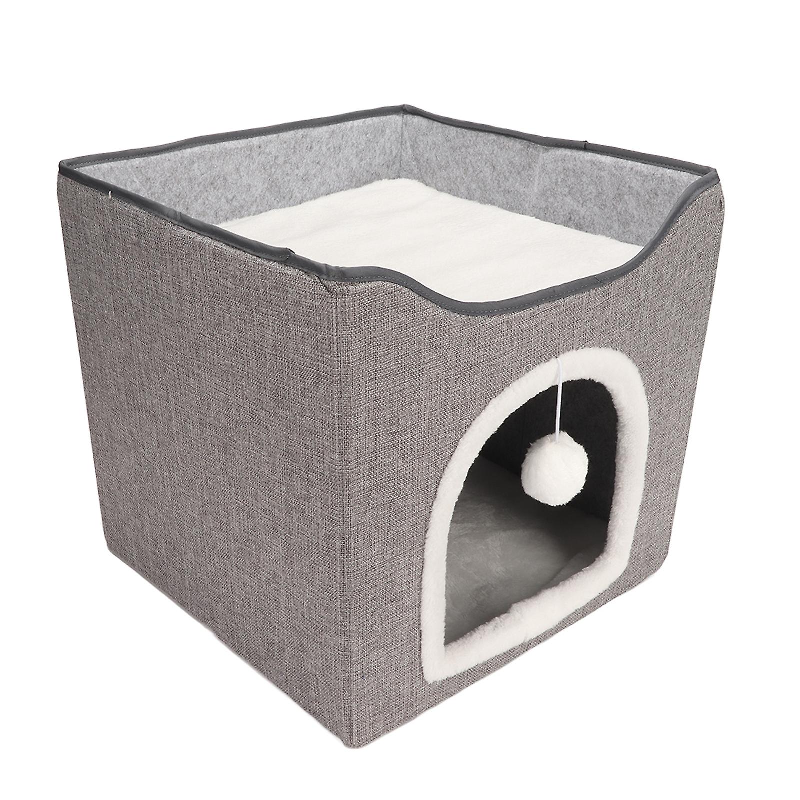 Cat House Foldable Enclosed Warm Breathable Cat Cave Bed with Scratcher Plush Ball for Indoor Gray