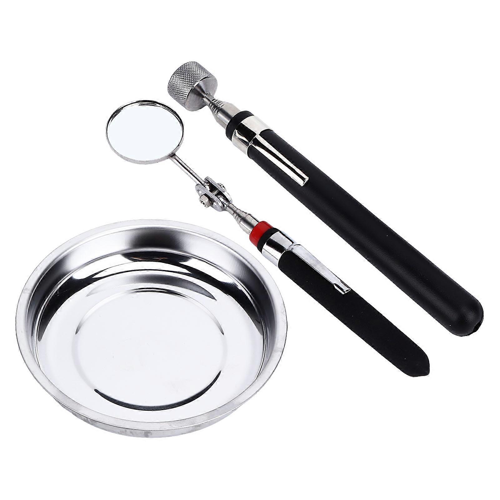 Magnetic Parts Tray Set Round Stainless Steel with Pick Up Tool Telescoping Mirror for Garage 