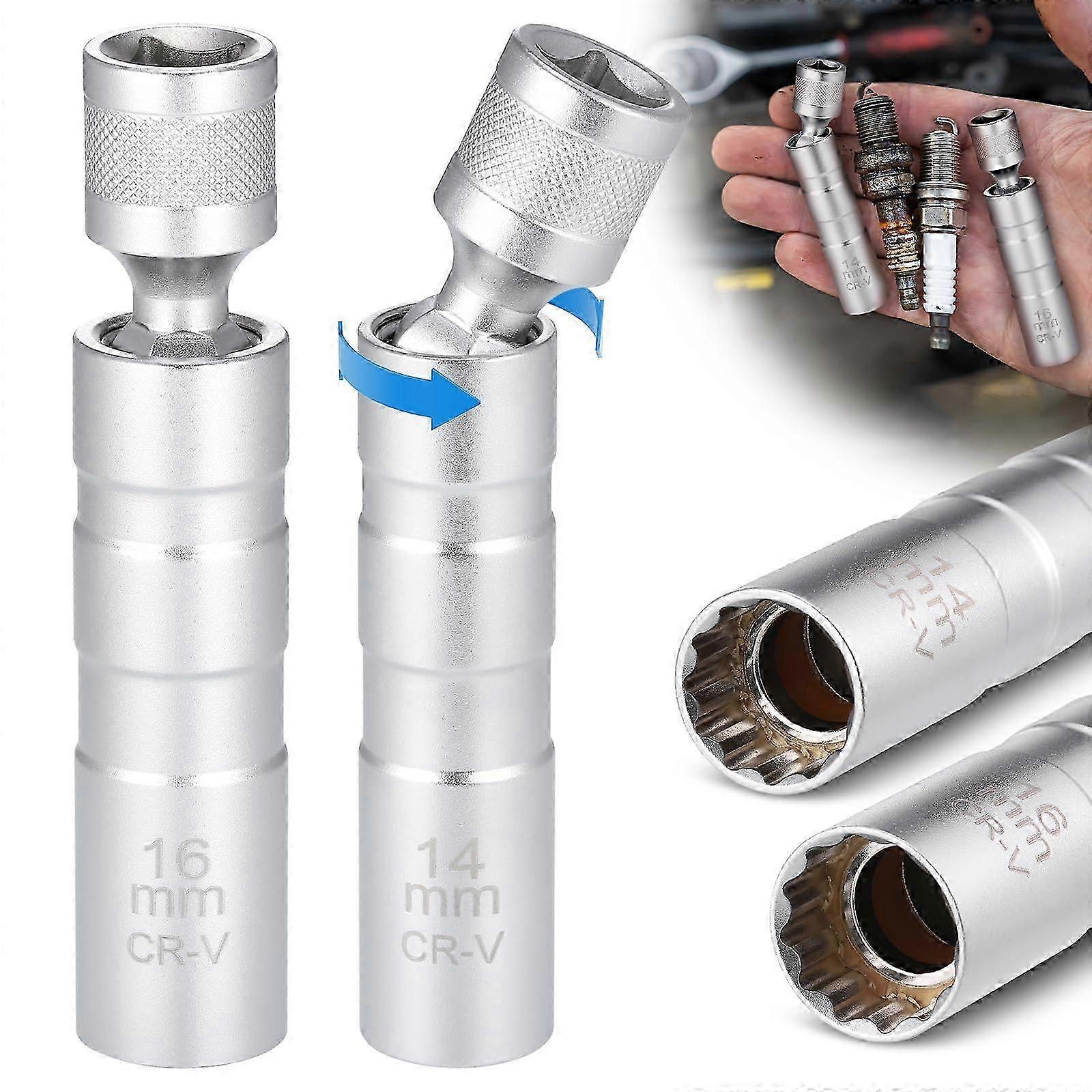 2Pcs Magnetic Spark Plug Socket Set, 3/8 Inch 12 Point Universal Joint Spark Plug Wrench, Car Repair Spark Plug Removal Tool