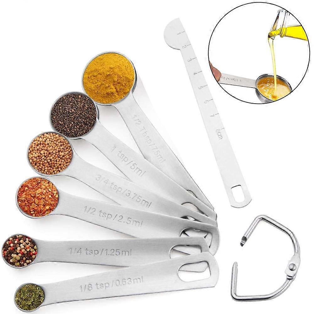 Measuring spoons set of 7 with engraved marking ruler for measuring dry and liquid ingredients Baking Cooking Stainless steel tablespoon tools