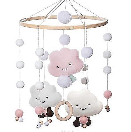 Baby Wind Chimes, Baby Bed Mobile Wind Chime, Bed Bell Baby with Felt Balls, 3D Clouds, Mobile Baby Bed Decor for Girls and Boys, Pink Clouds