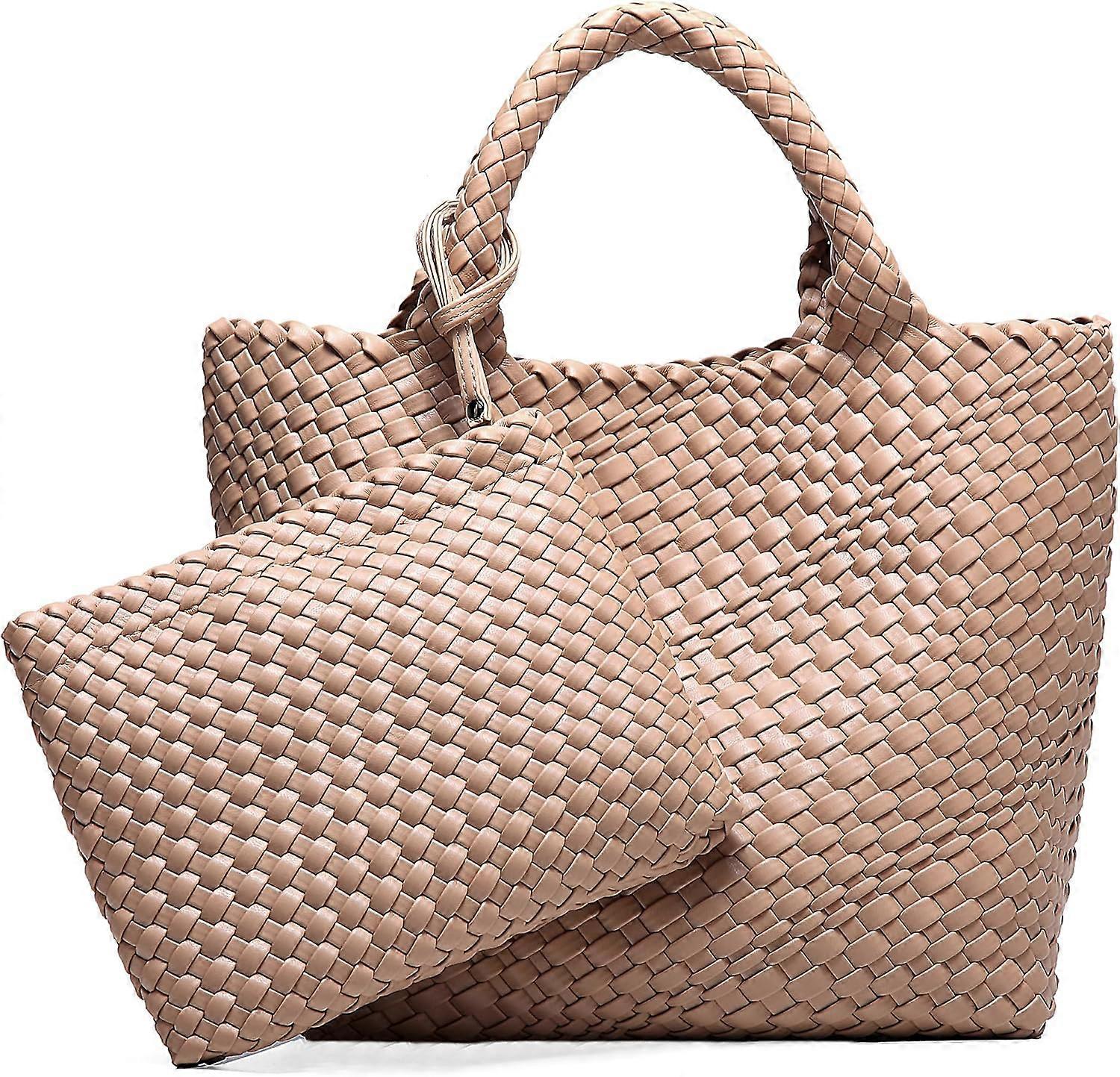 Woven Tote Bag for Women, Vegan Leather Handwoven Bags with Small Handmade Purse, Large Travel Braided Top Handle Handbags (Coffee) : Woven Summer Beach Tote Bag Handbags Womens Purse