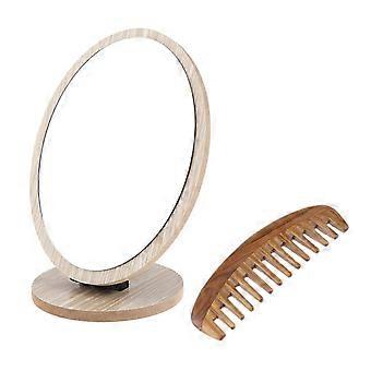 Miroir de courtoisie de comptoir pliable Cadre en bois Non loupe Pas de distorsion Parfait pour le maquillage quotidien Voyage avec Peigne à cheveux antistatique en bois De r