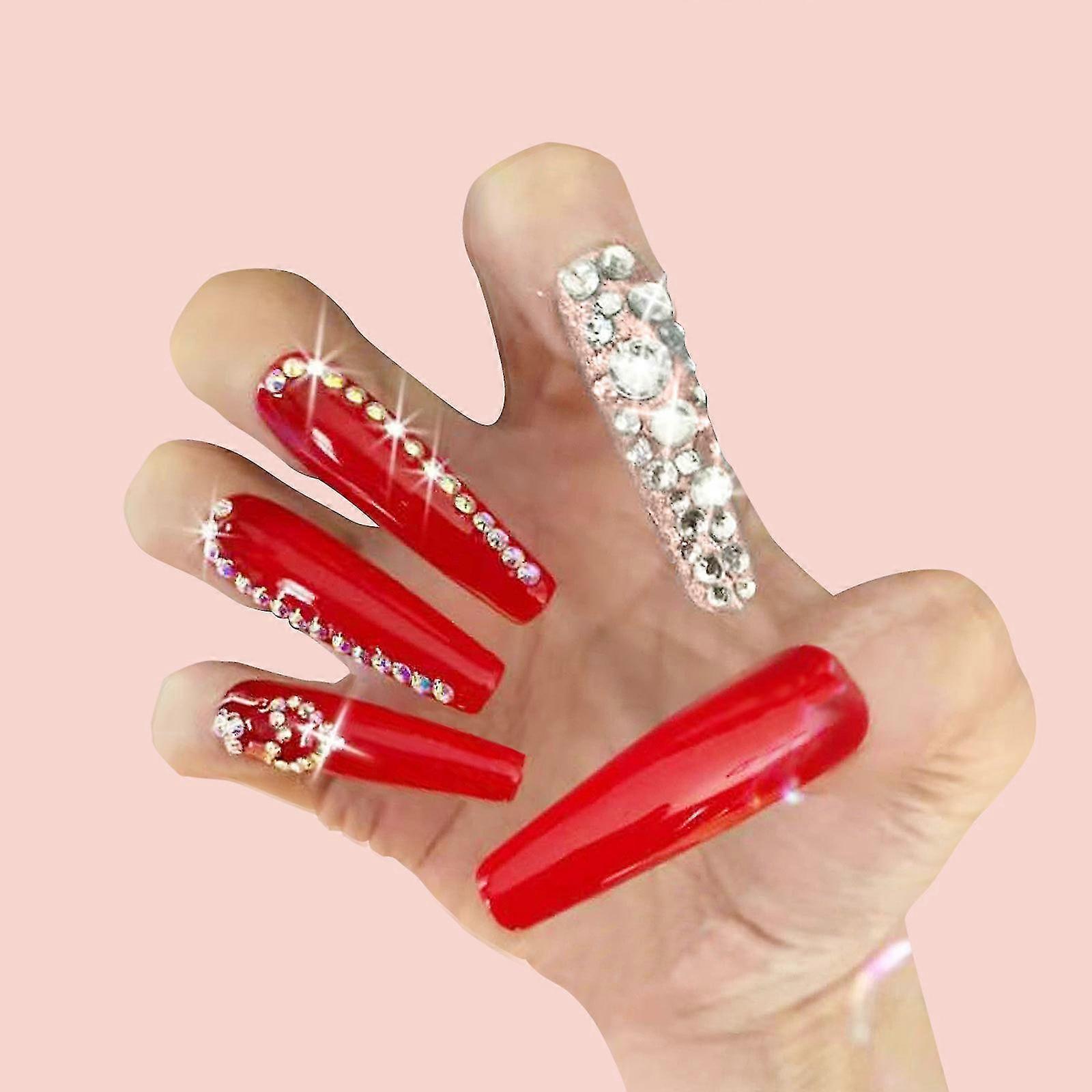 Manicure Wearing False Nail Patch Extra Long Ballet Red Flat Rhinestone Nail Patch