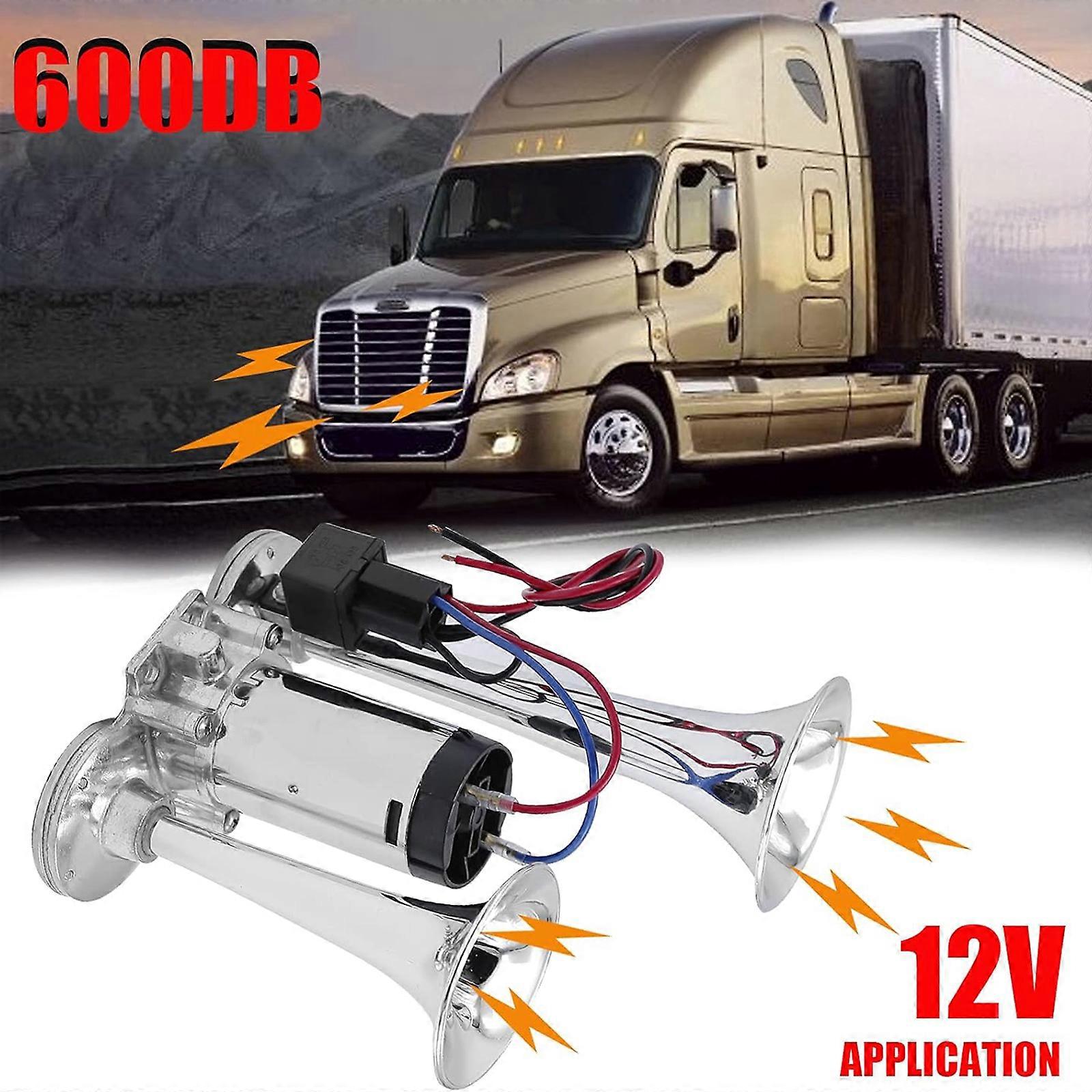 12V 600DB διπλές τρομπέτες κέρατος αέρα, έξοχη δυνατή εξάρτηση κέρατων αμαξοστοιχιών φορτηγών με τον αεροσυμπιεστή για οποιαδήποτε μοτοσικλέτα 12V SUV, προσφορά 50%