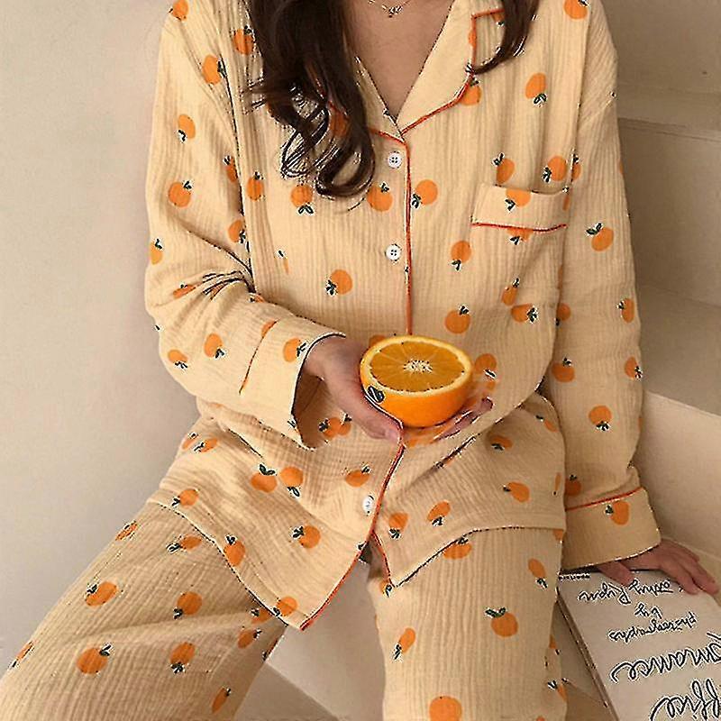 Weiche Baumwolle Kawaii Orangen Print Langarm Pyjamas Set
