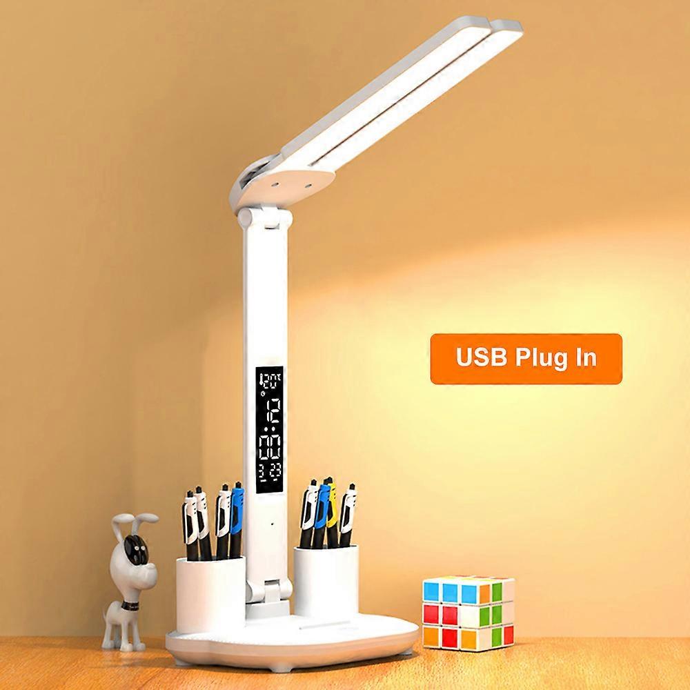 LED Desk Lamp with Date, Clock and Temperature, USB Touch Night Light, Foldable Table Lamp, Stepless Dimming, Bedside Lamp, Eye Protection