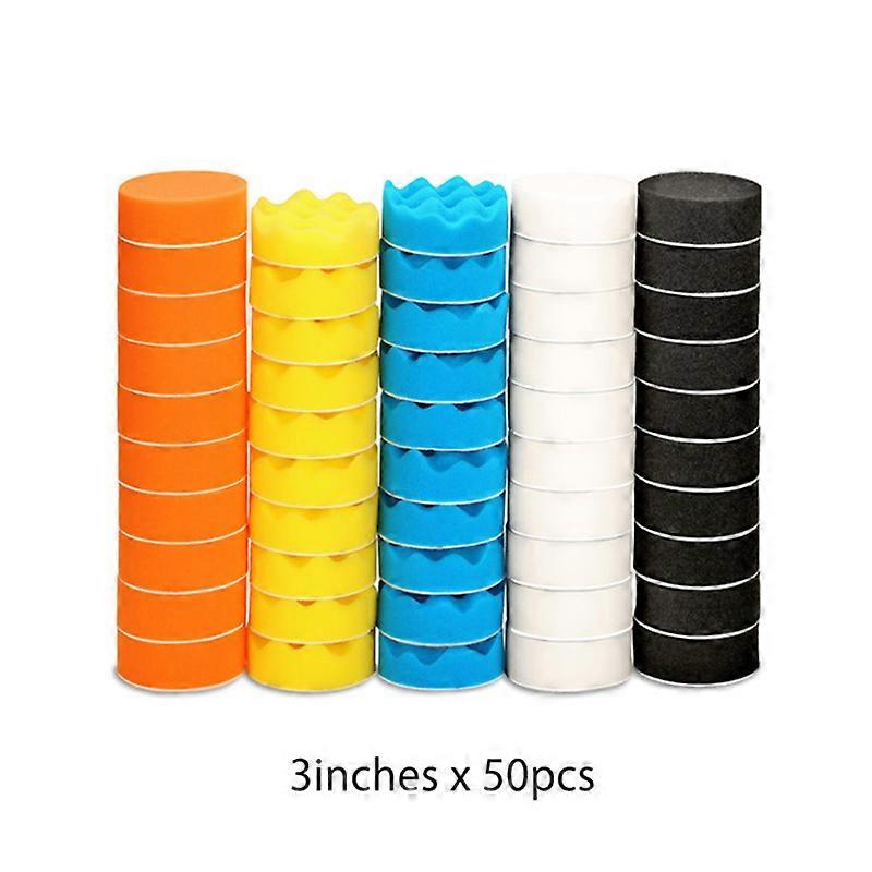 50pcs 3 Inch/75mm Diameter Polishing Pads Sponge Sanding Buffing Discs Car Cleaning Waxing Tool Orange Yellow Blue Black