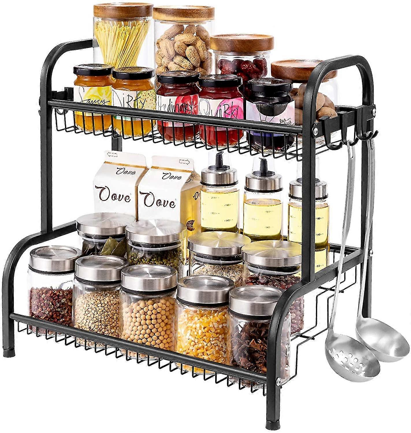 Spice Rack ,spice Rack Organizer For Countertop 2 Tier Kitchen Spice Rack Spice Organizer  For Spice Can Sauce With 8 Hooks