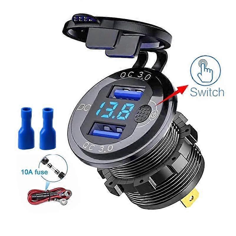 12V/24V Dobbel USB QC3.0 Uttak Billader USB Lighteruttak Vanntett Med LED Voltmeter AV/PÅ-bryter Hurtigladeadapter Biltilbehør