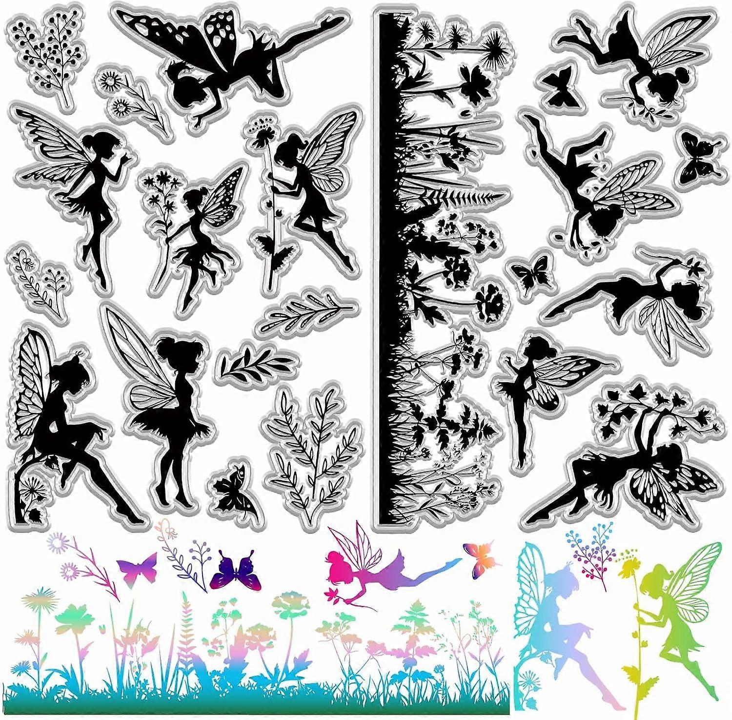 2 Styles Plant Fairy Stamps Flowers Butterfly Grass Silhouette PVC Reusable Rubber Clear Stamp Seals for Card Making Journaling Decorative Scrapbookin