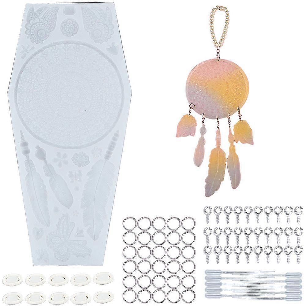 Resin Casting Mold Dream Catcher Molds Silicone Moulds with Iron Screw Eye Pin Peg Bails Latex Finger Cots for Making Epoxy Mould 3D Feather Shape Art