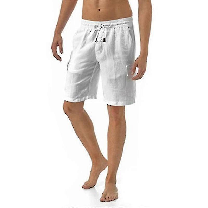 Men Elastic Cotton Linen Casual Shorts Drawstring Solid Pants