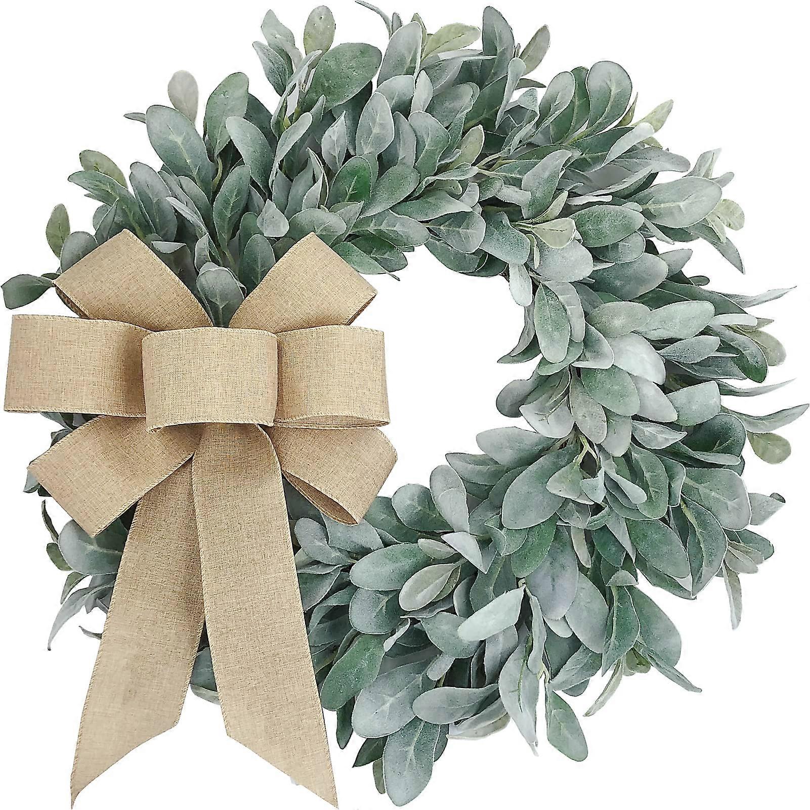22 Inch Flocked Lamb's Ear Wreath with Burlap Bow for Rustic Year-Round Home Decor and Seasonal Arrangements