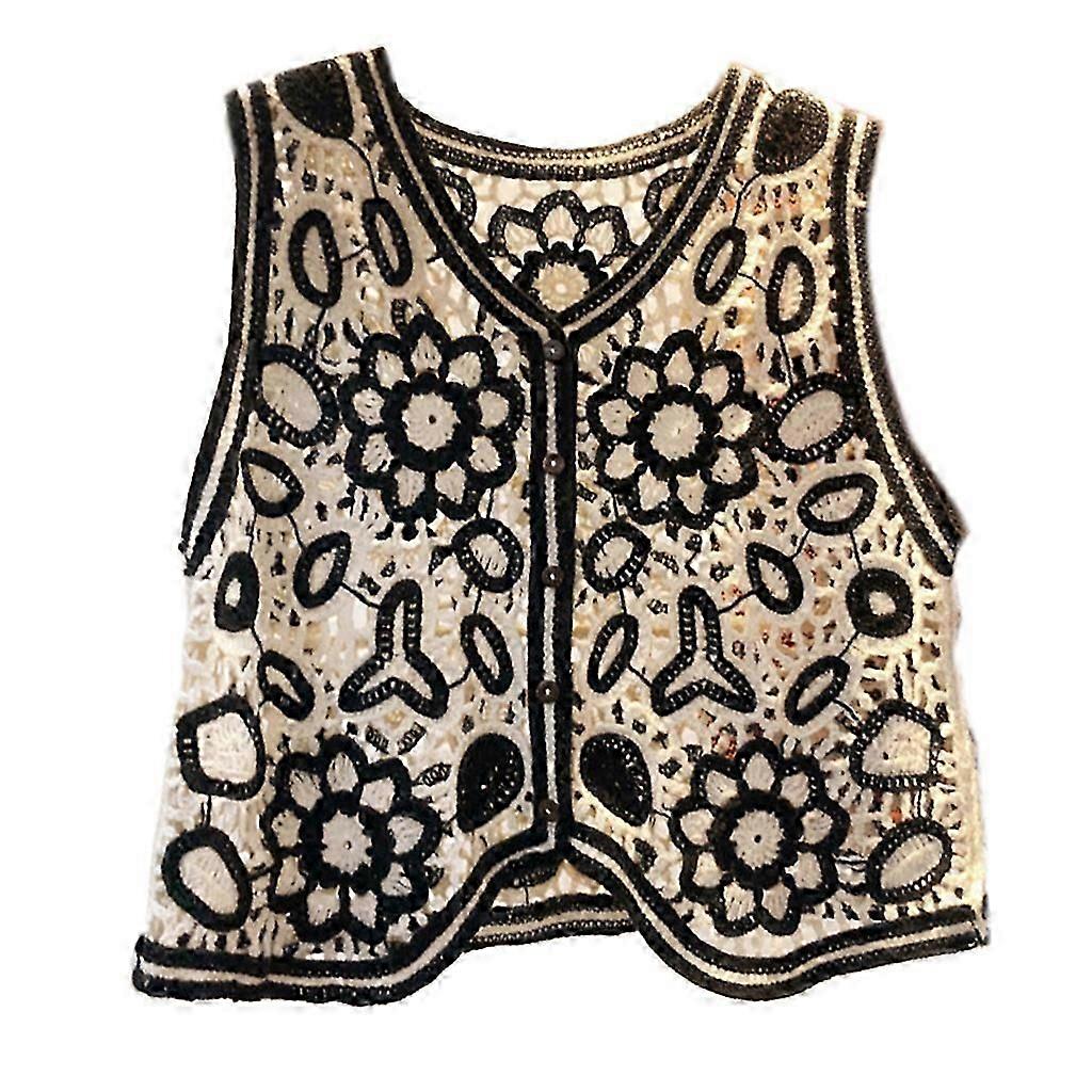 Boho Frauen Häkeln Strickweste Weste Blumenmuster Ärmellose Strickjacke mit V-Ausschnitt