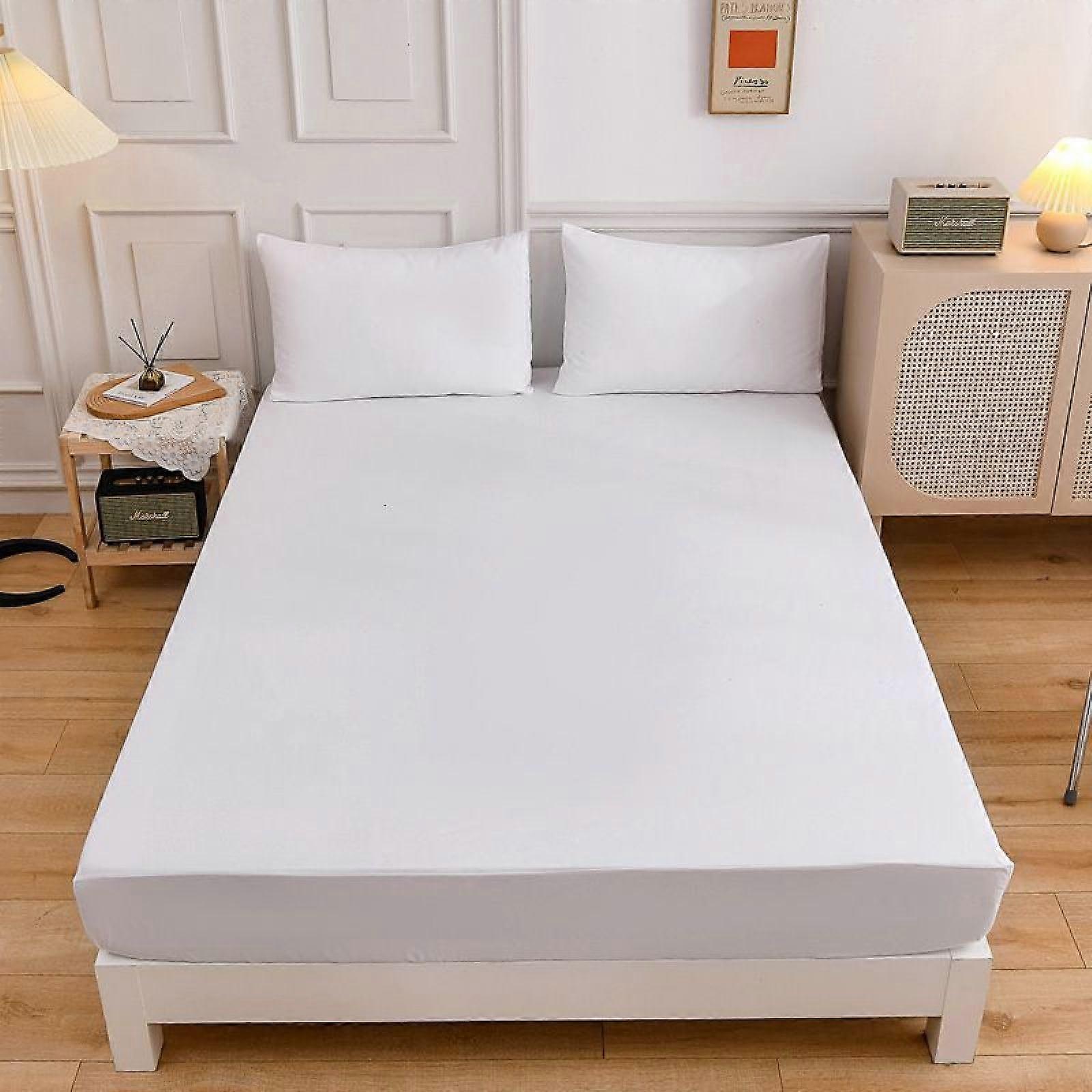 Mattress Encasement,Solid Color Brushed Microfiber Bed Topper, Soft Silky Shiny Fitted Sheets for Single Double King Size Bed,White