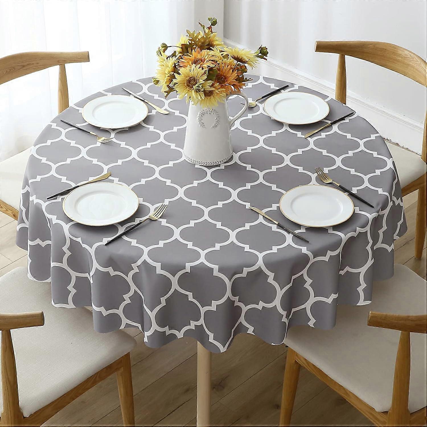 Moroccan Polyester Fabric Tablecloth Trellis Print Indoor Tablecloth Waterproof, Spillproof Polyester Table Cover(153cm round Gray)
