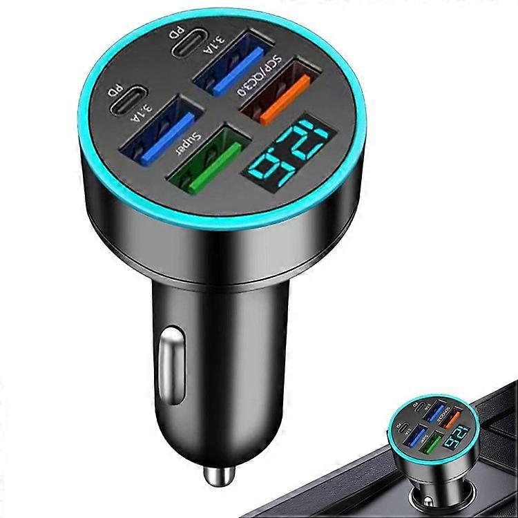 C9 30W Fast Charging Adapter 4 USB + 2 Type C Cigarette Lighter Car Charger with Voltage Display