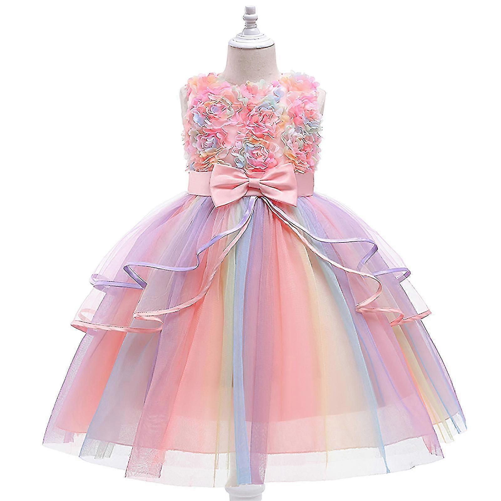 Vestido de Festa de Tule para Meninas com Flores e Renda Arco-íris
