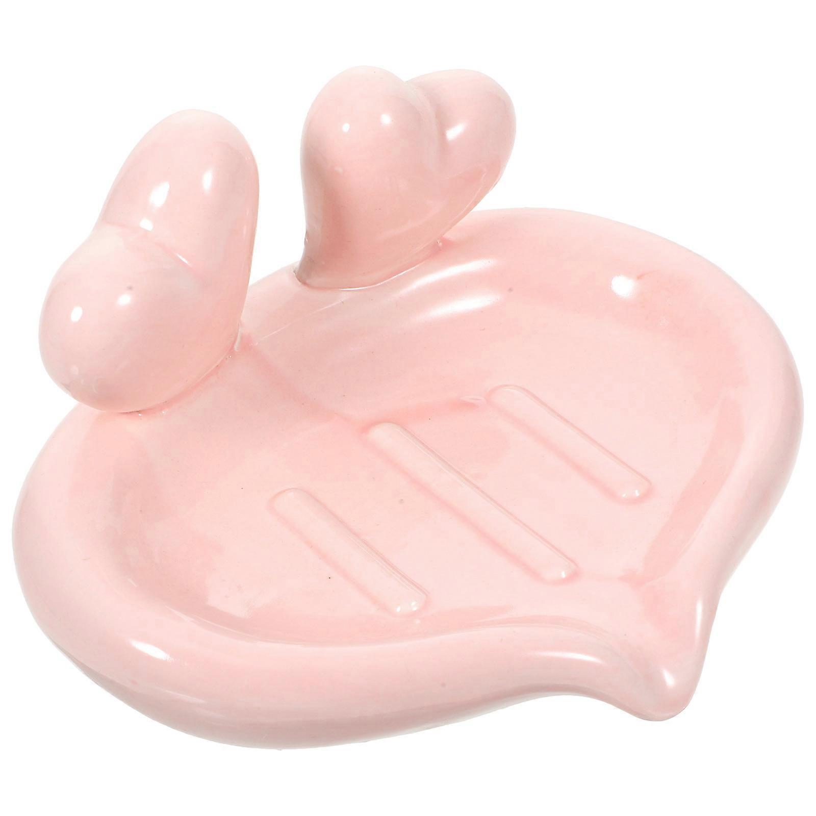 Ceramic Soap Dish Cartoon Heart Design Draining Kitchen And Bathroom Use Pink 14X11.5X8CM 1Pcs