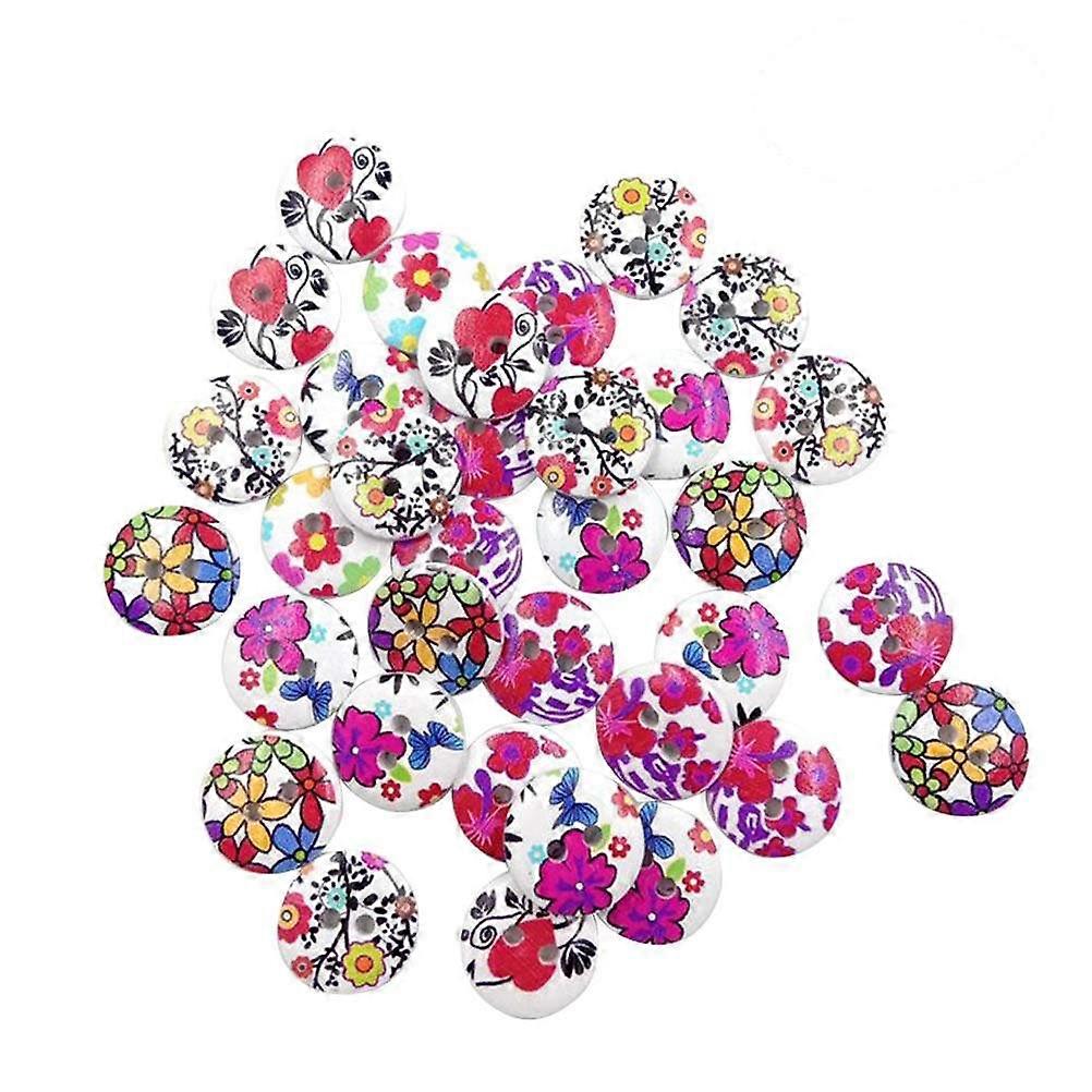 Round Wood Buttons Assorted Color 15mm Flower and Grass Patterns Diy Press Studs Snaps 100Set