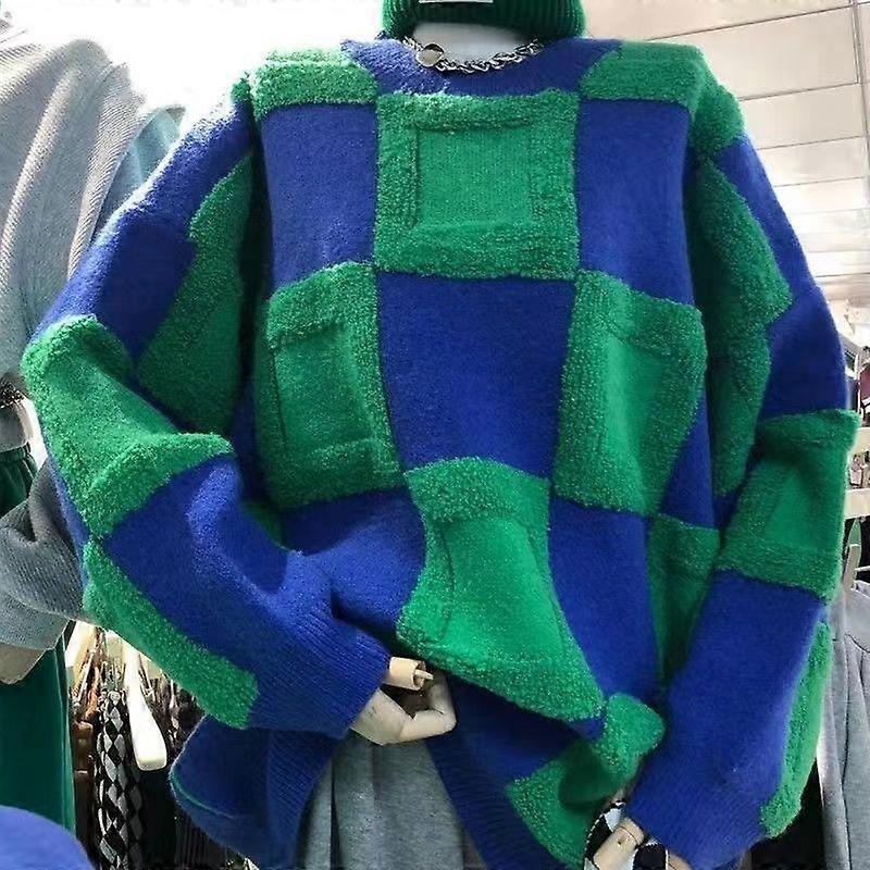 Pullover Female 2023 Spring and Autumn New Korean Edition Contrast Color Knit 3D Flocking Plaid Lazy Sweater Pullover Women Top
