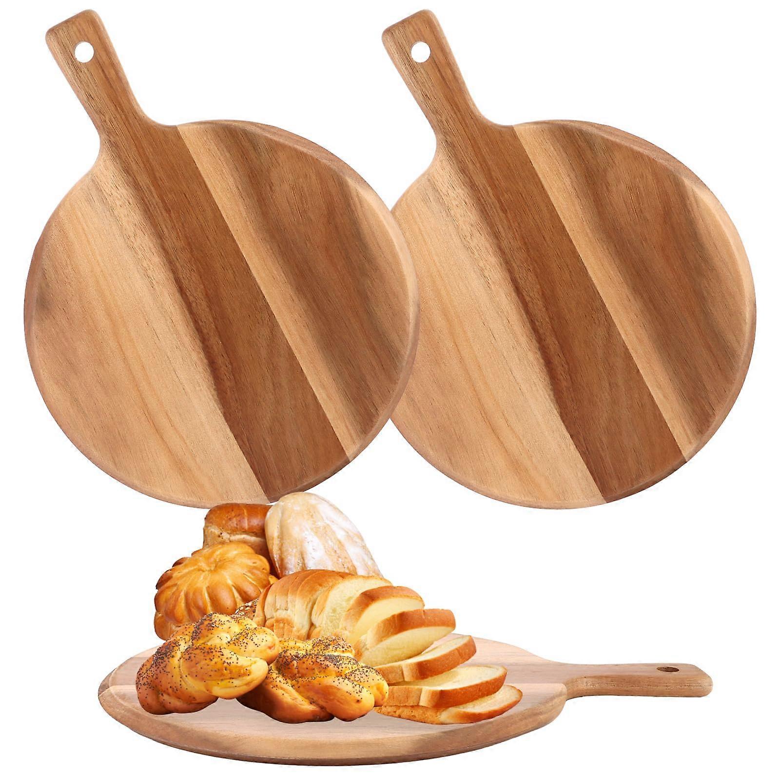 Wooden Chopping Board Set of 2 with Handle, 30.5 cm Round Pizza Plate, Durable Brown Wood for Chopping and Serving