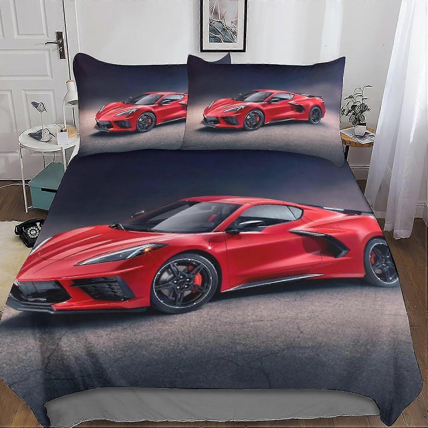 Kids Race Car Bedding Set - 3D Print Duvet Cover and Comforter Set in Microfiber with Zipper Closure