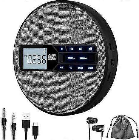 Portable CD Player with Rechargeable Battery, Dual Speakers, Anti-Skip, LCD Display, Backlit Buttons for Home and Car Use (grey)