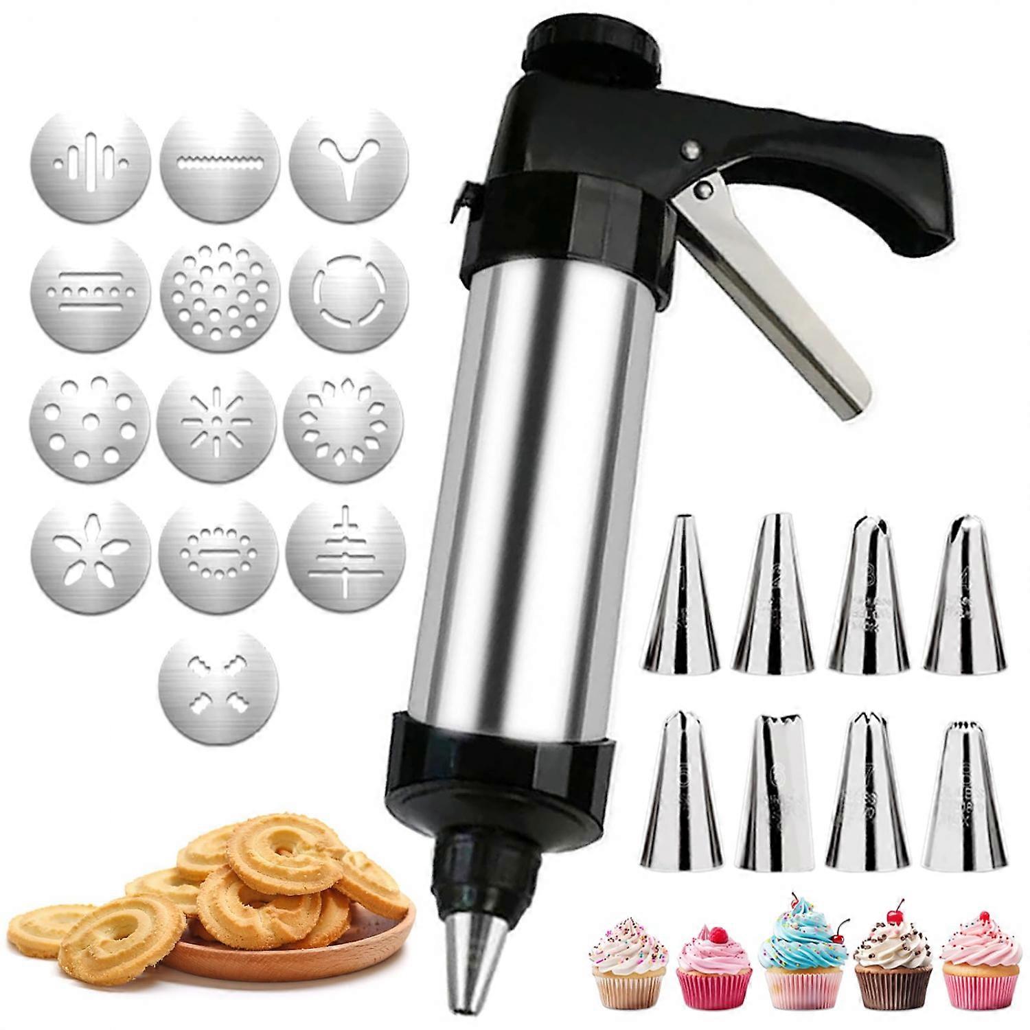 Stainless Steel Cookie Press Gun Kit 8 Piping Tips & 13 Discs, Multi - Functional Tool for Easy DIY Biscuit, Cake Dessert Making and Decorating