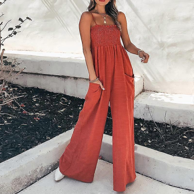 Summer Women's Jumpsuit Solid Colour Suspender Drawstring Pleated Casual Temperament Commuter High Waisted Jumpsuit