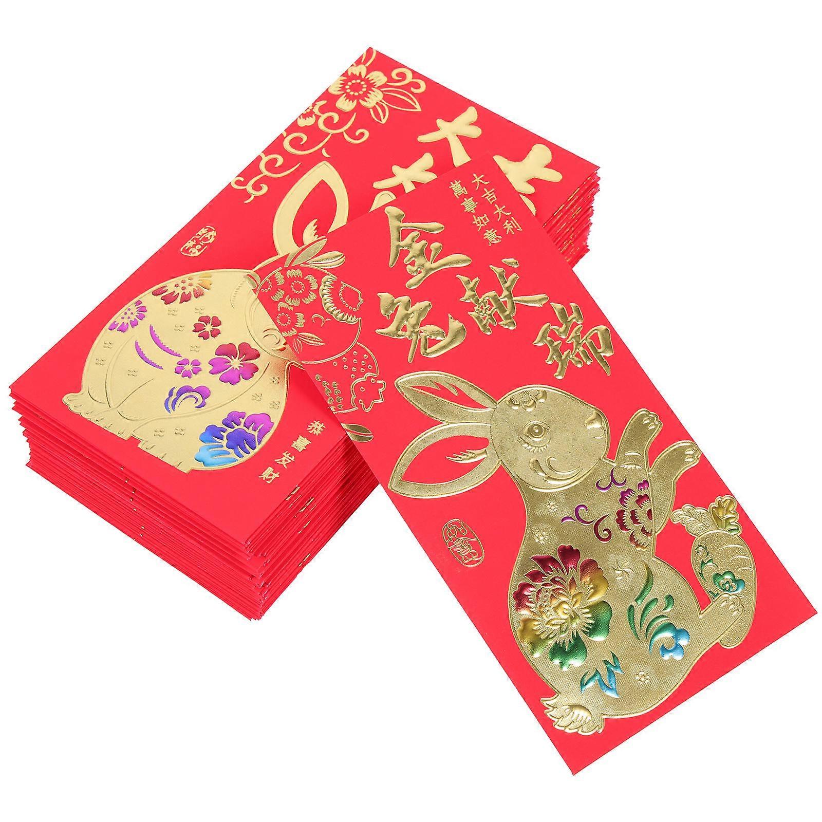 Chinese Red New Year Envelope Rectangular Shape Rabbit Year Red Packets Wedding Birthday Special Occasions 17X9CM 60Pcs