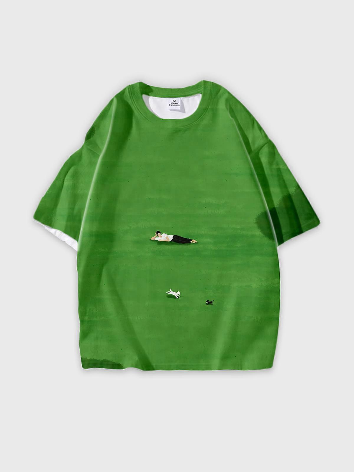 T-Shirt Round Neck, Loose Short Sleeve Pattern Graphic Tee, Unisex Summer Casual Top V1724