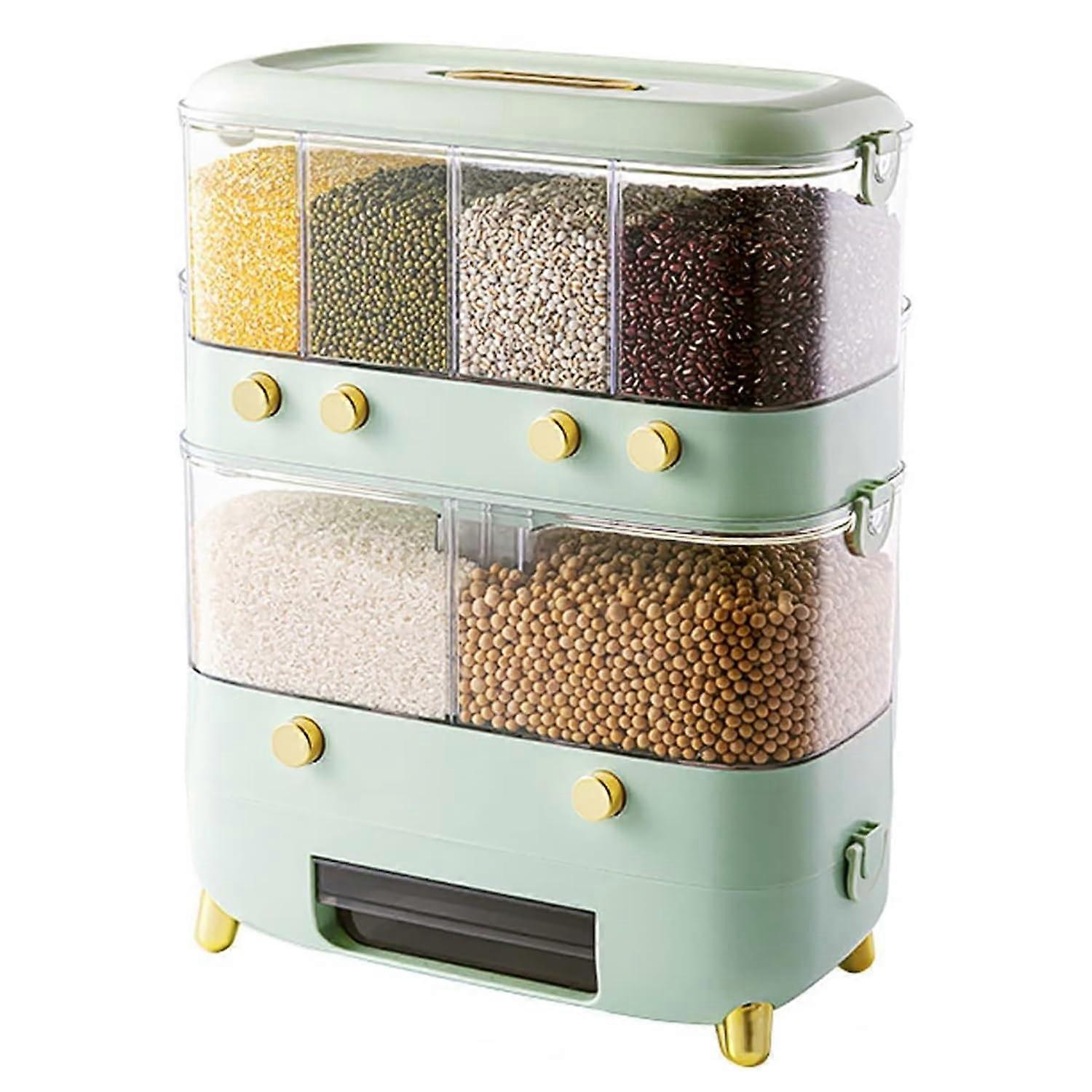 Rice Container WallMounted 6Grid DoubleLayer Dry Food Dispenser With Lids Waterproof For Rice Soybean Corn Green