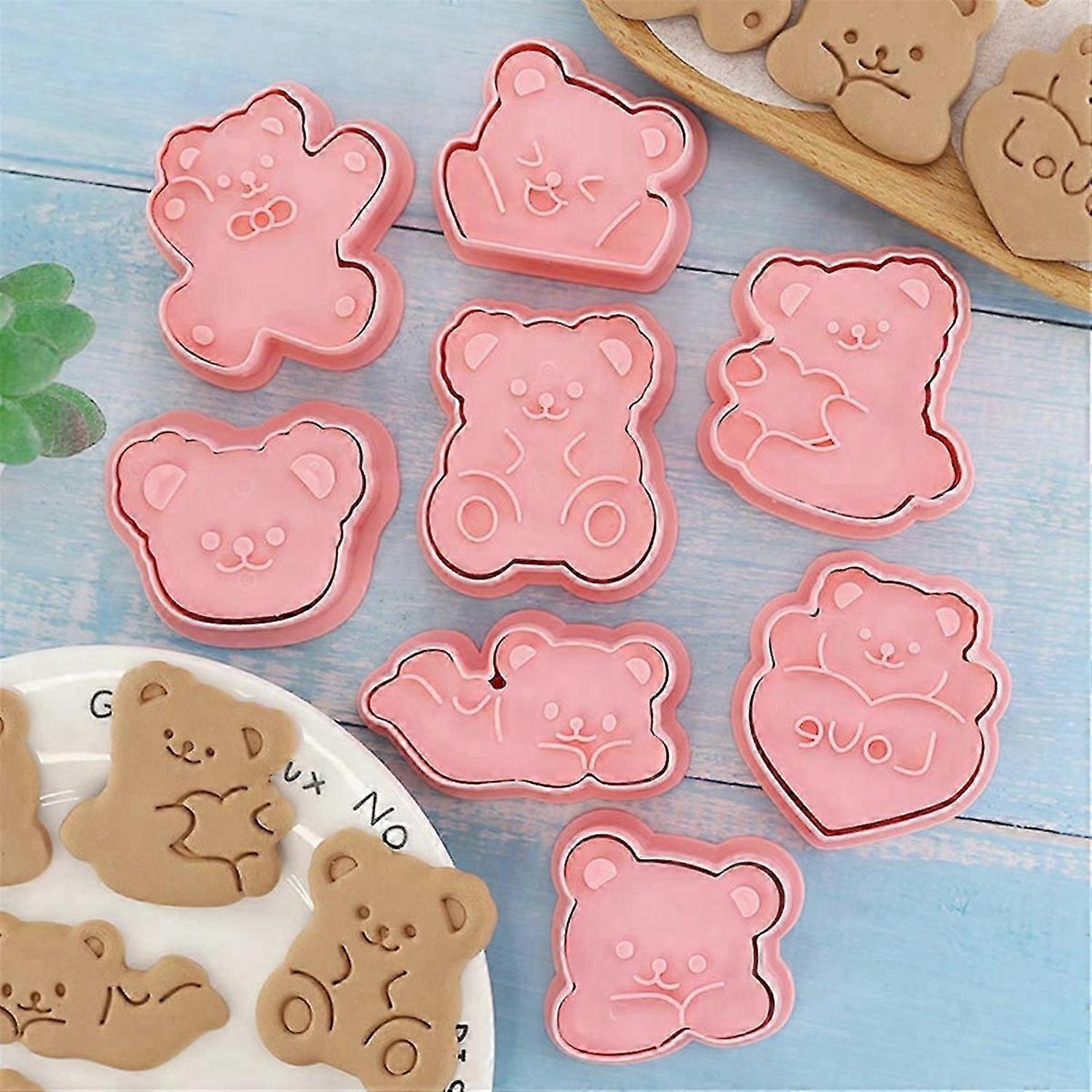 8Pcs Cute Bear Shape Biscuit Mold Set Cookie Plunger Hand Pressure