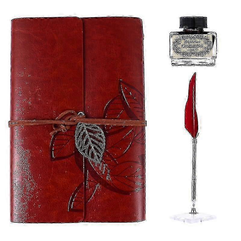 25.5X4.5cm Wine Red Wine Bottle Holders 1 Set 4-pieces Creative Retro Notebook Feather Dip Pen Ink P