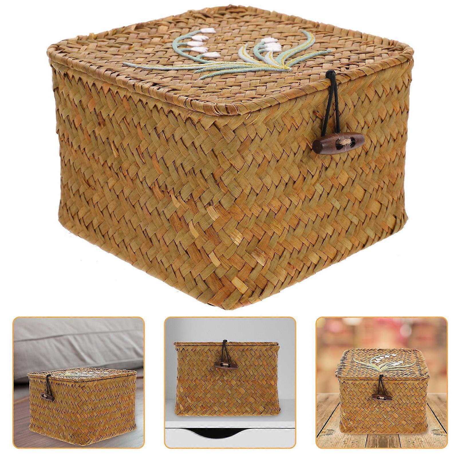 Square Woven Sundries Storage Basket For Desktop Organizing Light Brown 10X17X17CM 3Pcs