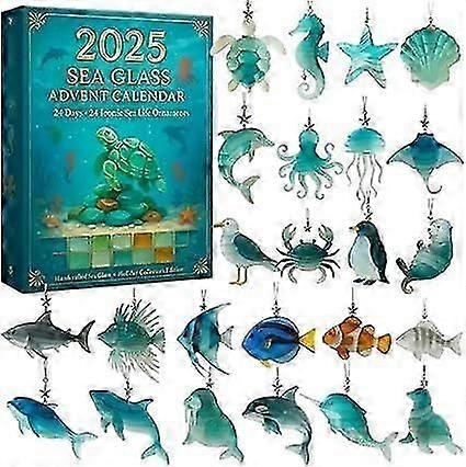 Sea Glass Marine Life Advent Calendar, 24 Days Ocean-themed Christmas Countdown Calendar, with 24 Adorable Realistic Ocean Animals Decoration for Ocea