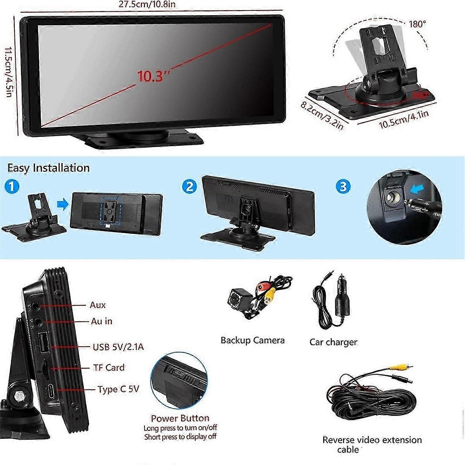 10.26Inch Wireless Carplay & Android Auto Stereo with AHD Backup Camera, Portable Car Radio Bluetoot