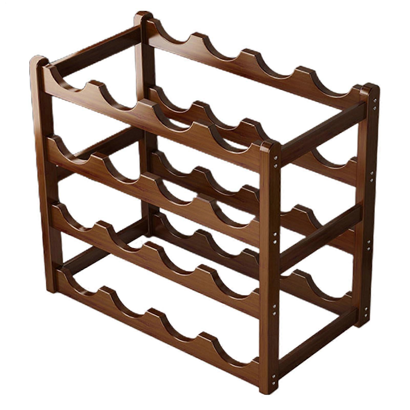 Wine Rack Wooden Bottle Holder 16Bottle Capacity 4Tier Stackable SpaceSaving Wine Shelf Tea Brown