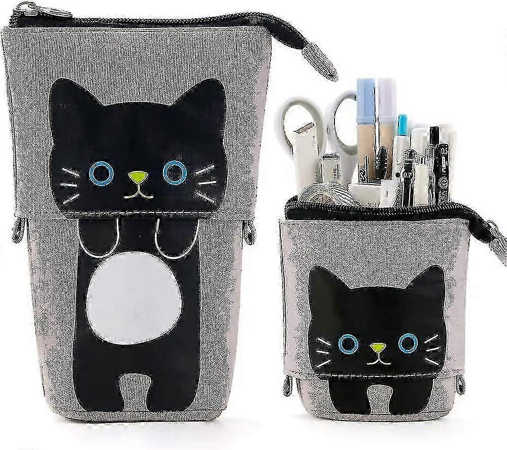 Cat Pencil Case, Canvas Telescopic Vertical Pen Holder Stationery Storage Box for Students