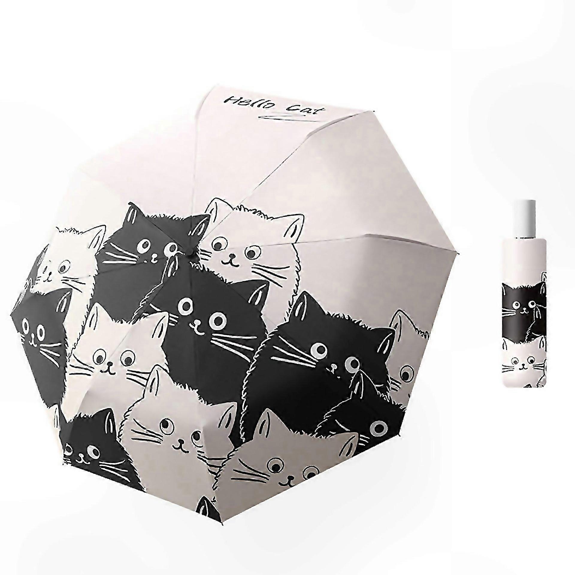For Portable 3fold Umbrella With Cute Cat Pattern Uv Shield 8rib Design For Travel And Outdoor Activ