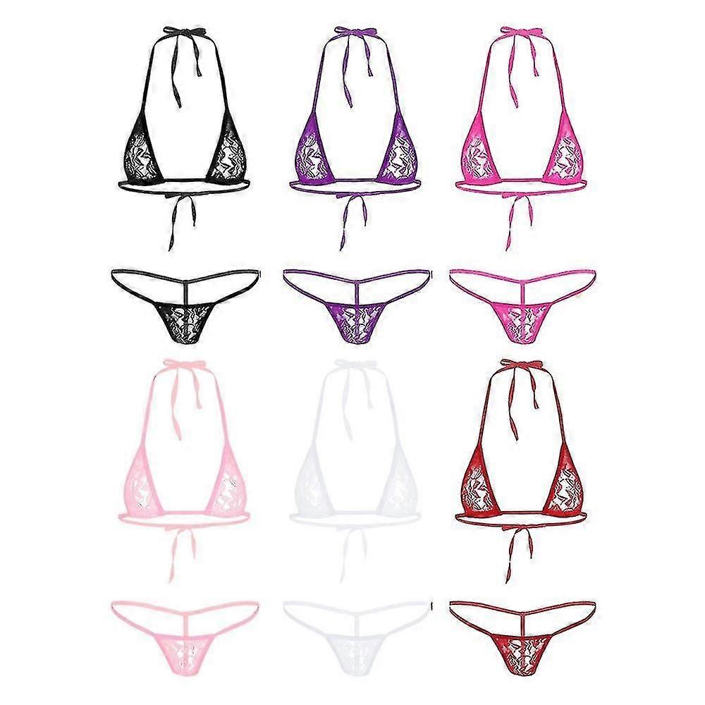 Donne Lingerie Set Pizzo Vedere Attraverso trasparente trasparente Trasparente Halterneck Mini Micro Bikini Bra Top con T-back Thong Slip Biancheria intima
