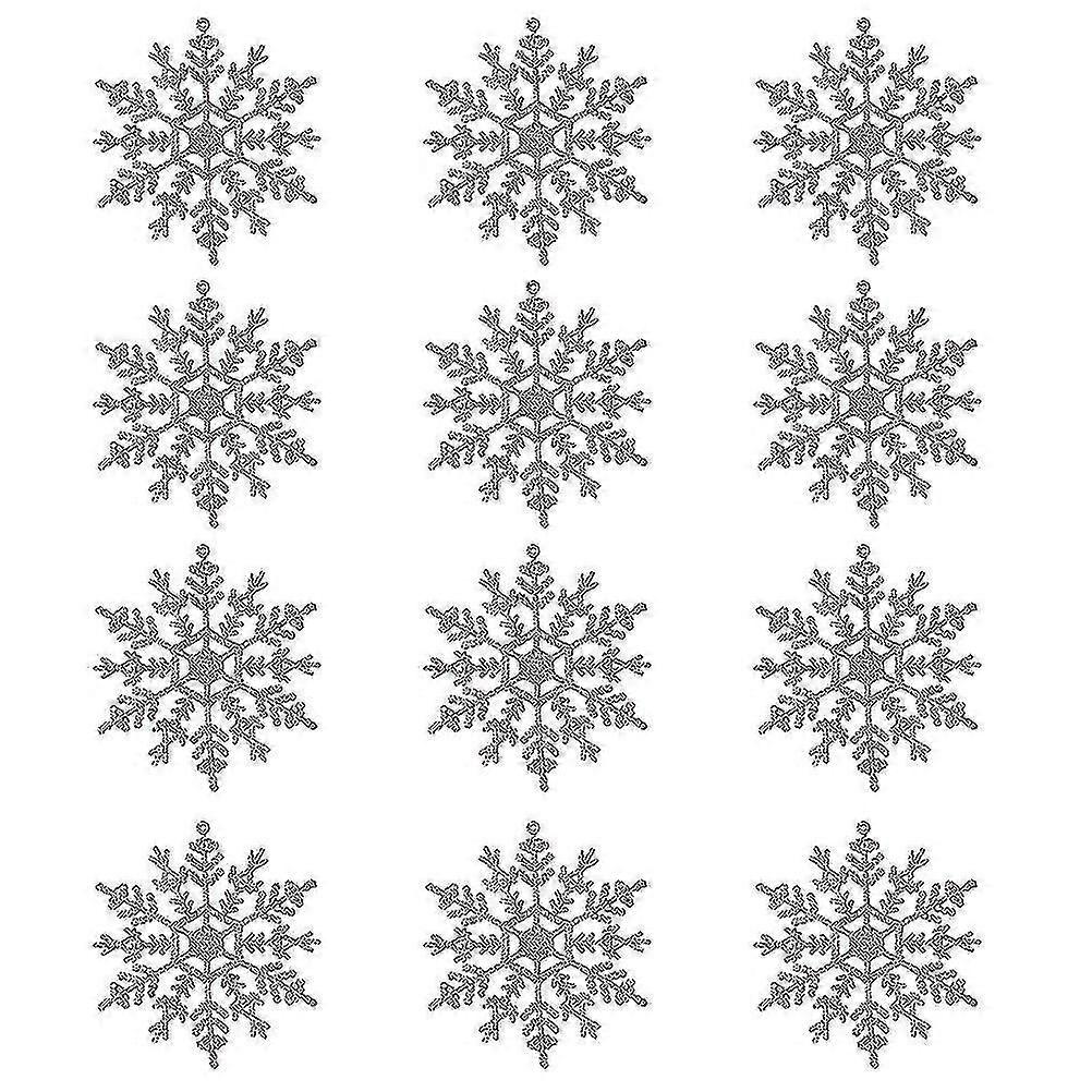 12pcs Xmas Tree Snowflake Pendants Glitter Powder Snowflake Hollow-out Snowflake (silver)
