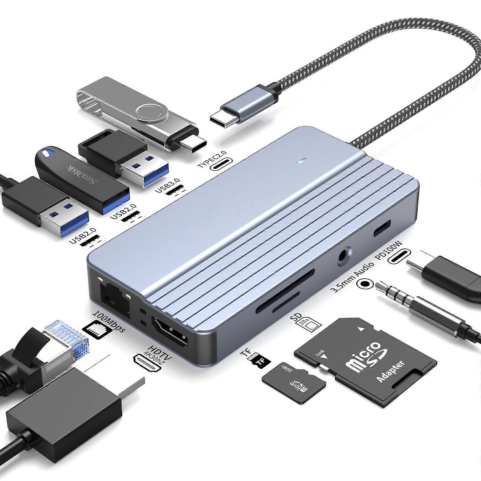 10-in-1 USB-C/Type-C-Hub mit 100-W-Stromversorgung, HDMI 4K 30Hz, USB 3.0/2.0-Anschlüssen, SD/TF-Kartenleser, 100-Mbit/s-Ethernet und Audioanschluss