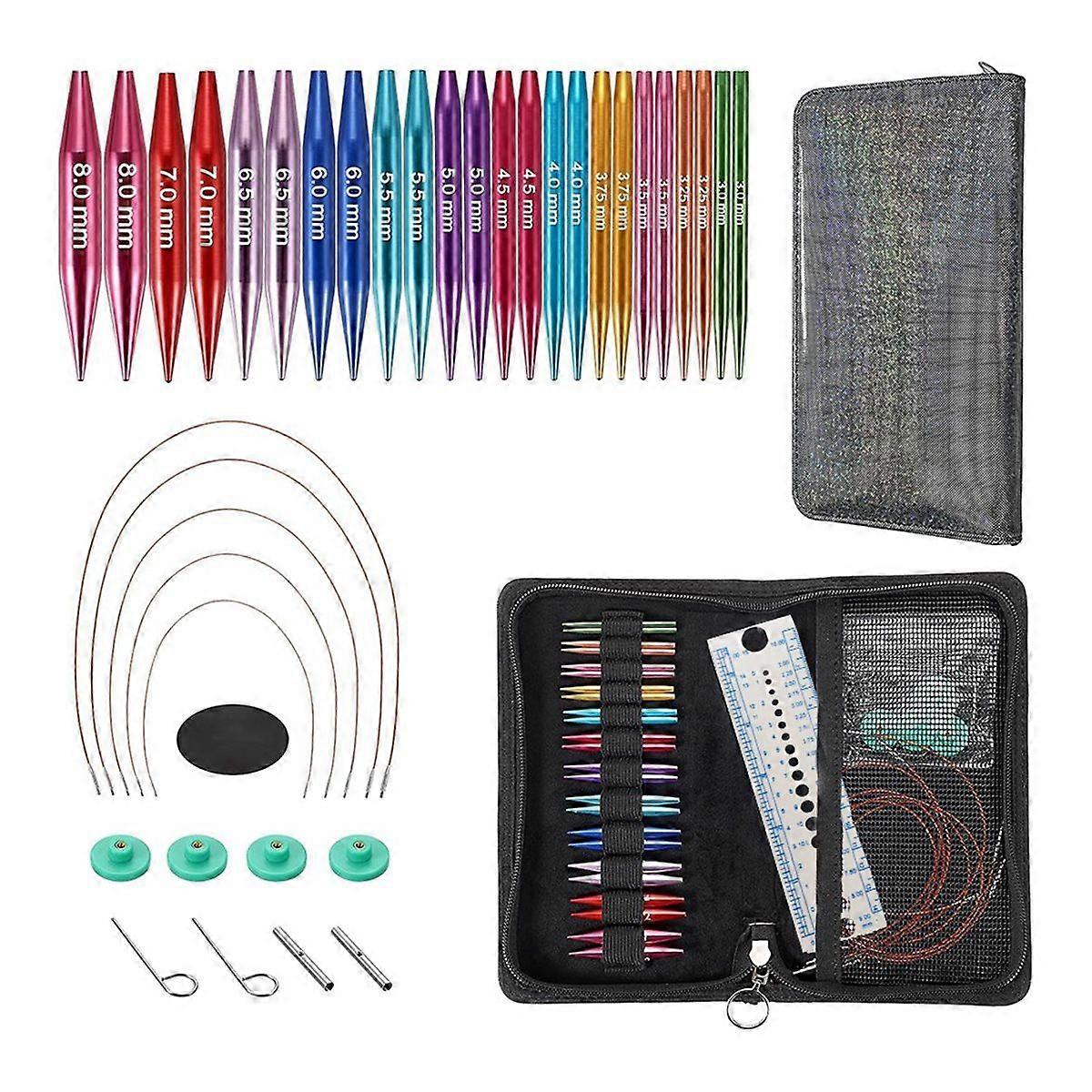 Short Interchangeable Knitting Needles Set, 2-Inch Metal Circular Knitting Needles Kit for Beginners