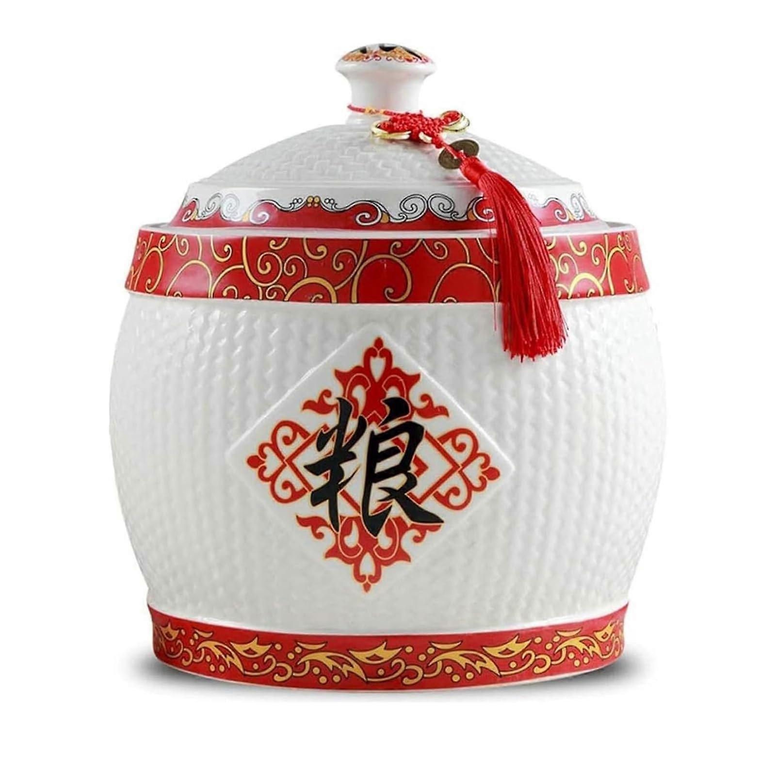 Ceramic Rice Storage Container with Lid, Large Grain Dispenser, Sealed Freshness Chinese Style