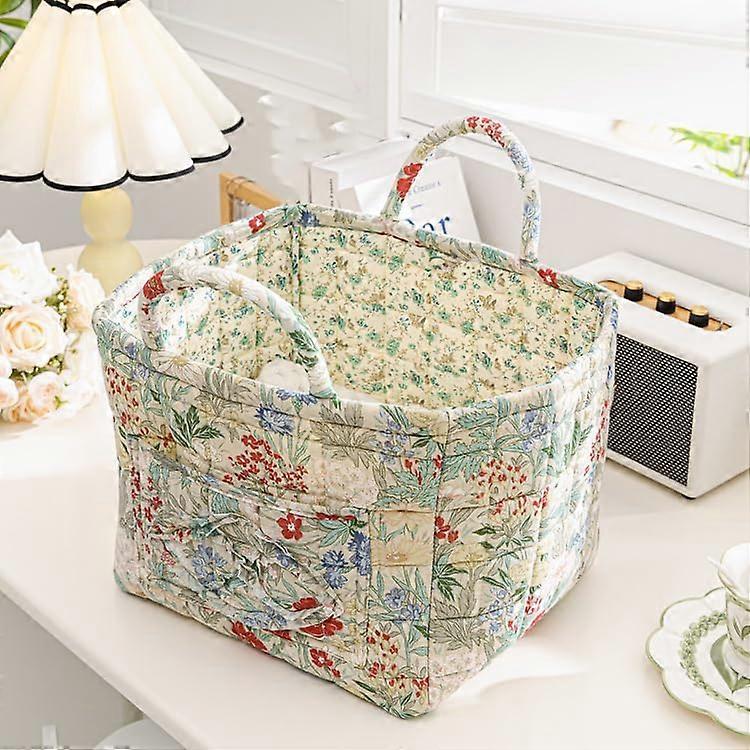Boho Storage Basket Large Capacity Foldable Quilted Cotton Bin with Handles Vintage Floral Pattern